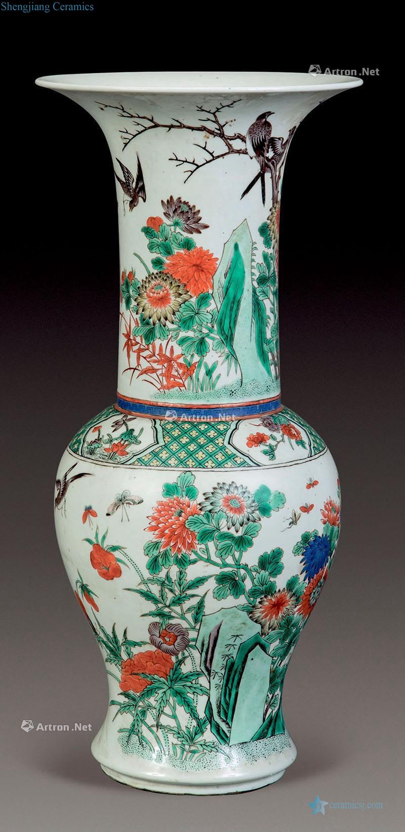 qing Colorful flower vase with birds and flowers