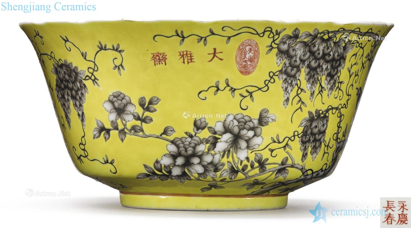 Qing guangxu Yellow in color ink figure spend big mouth 盌 wisteria flowers