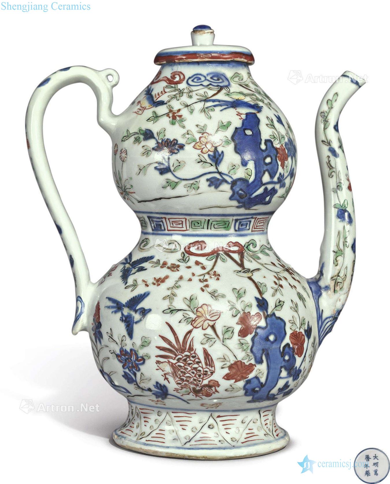 Ming wanli Figure gourd shape ewer colorful flowers and birds