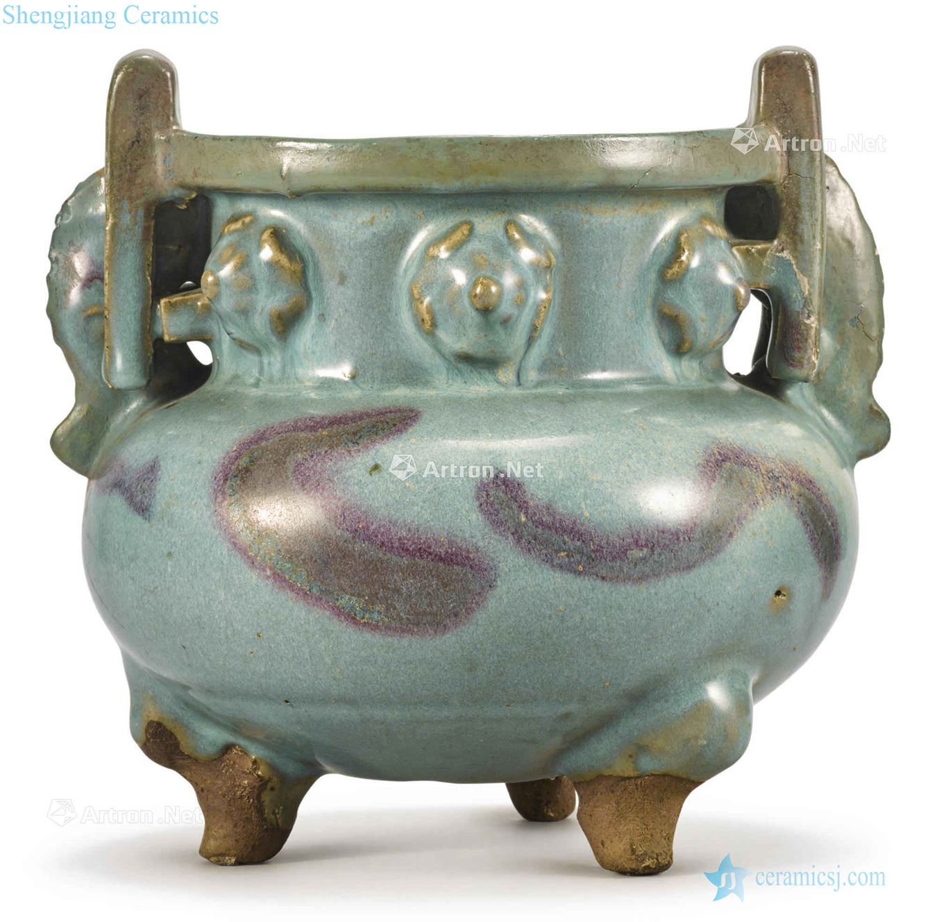 yuan Sky blue glaze masterpieces purple fish ear furnace with three legs
