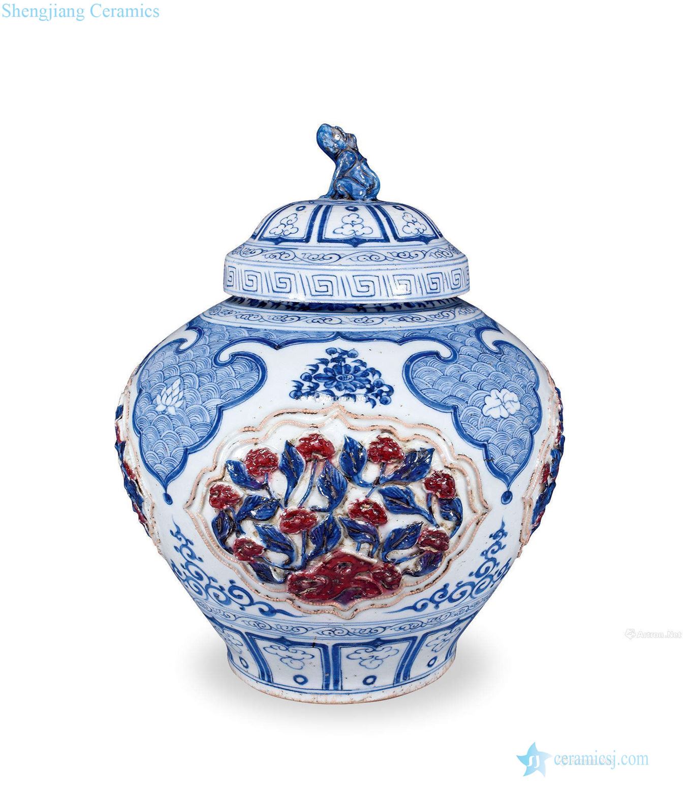 The yuan dynasty Blue and white youligong plastic coated with medallion flowers half cover tank