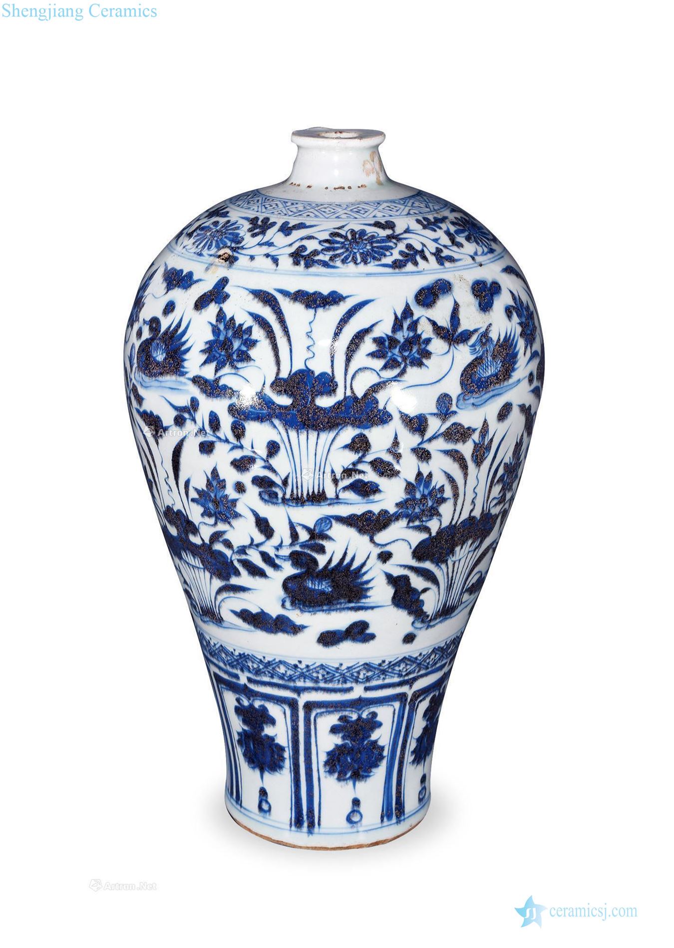 yuan Blue and white fish pond yuanyang grain mei bottle