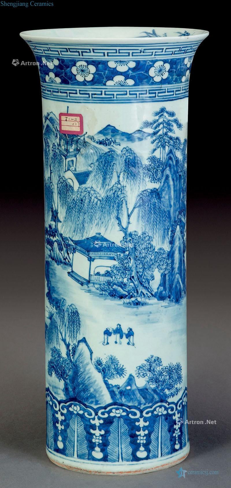 qing Blue and white landscape cylindrical bottles