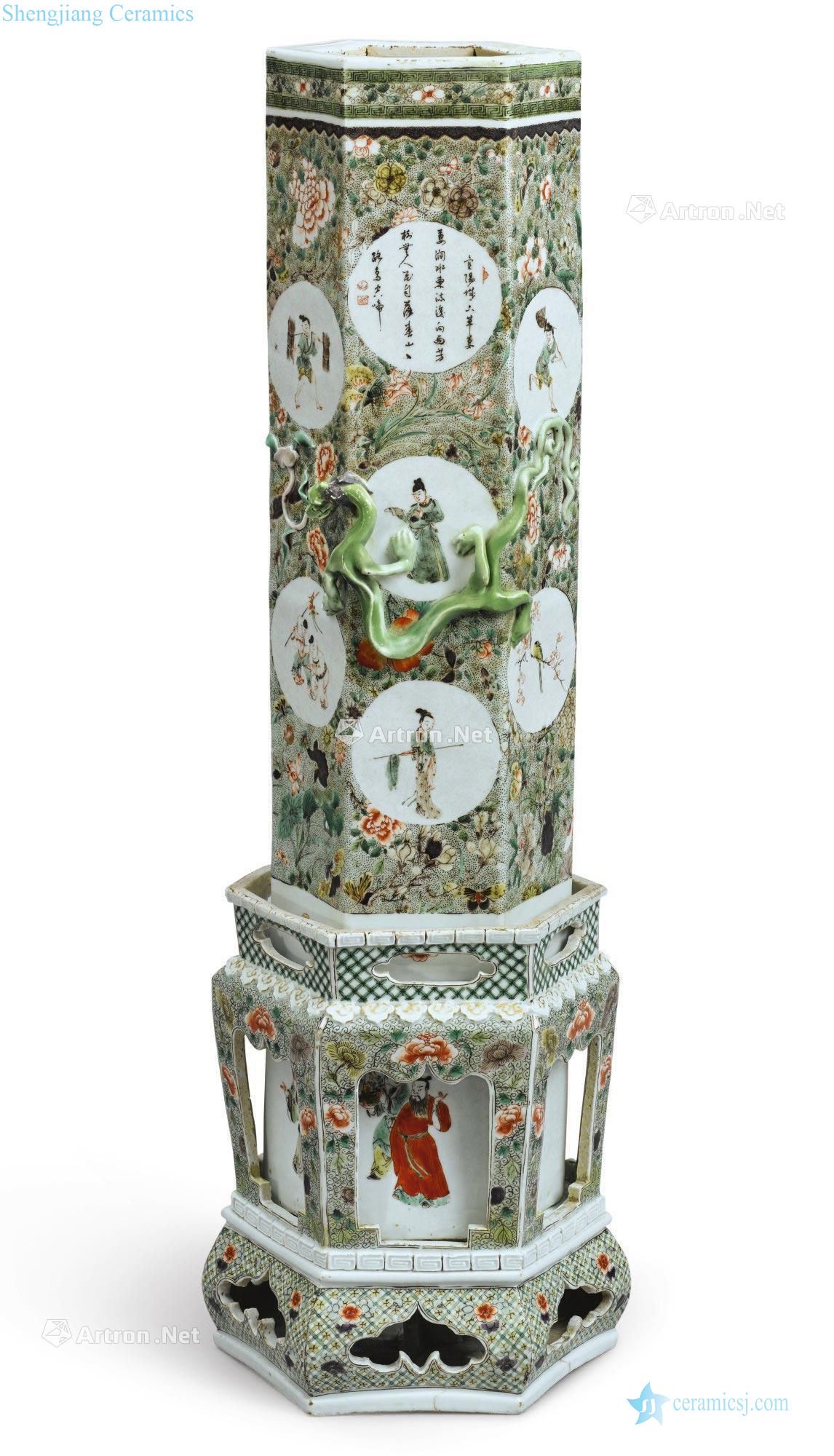 Colorful medallion characters of the reign of emperor kangxi flower-and-bird figure poetry six-party tube bottle with socket