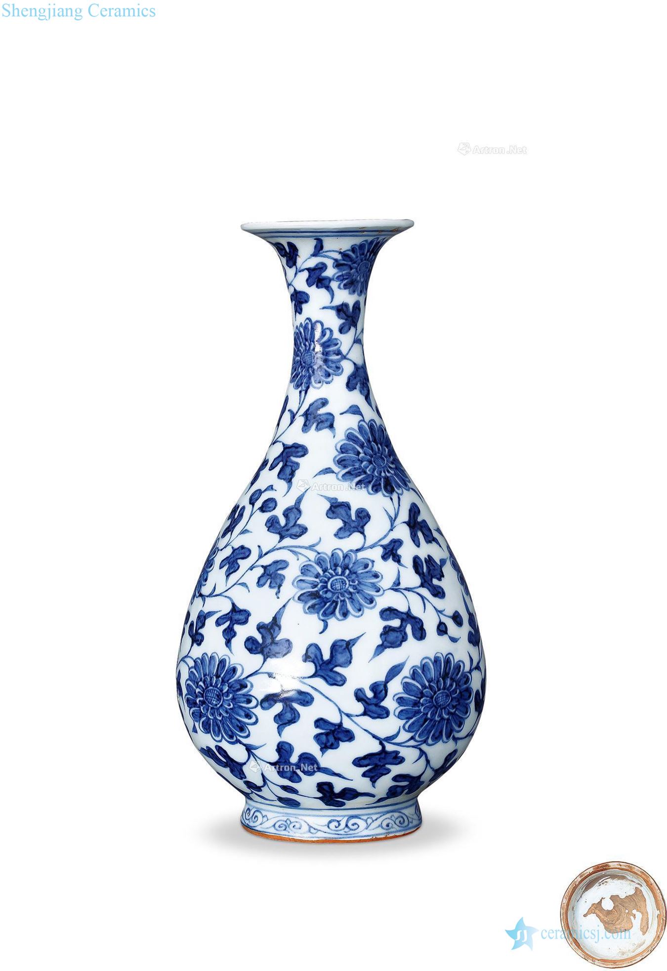 yuan Blue and white chrysanthemum grain okho spring bottle