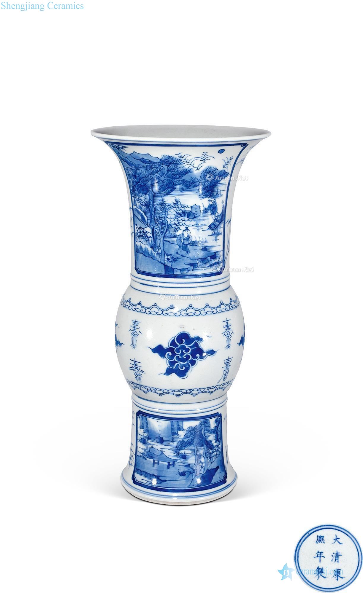 In the qing dynasty Blue and white flower vase with landscape characters