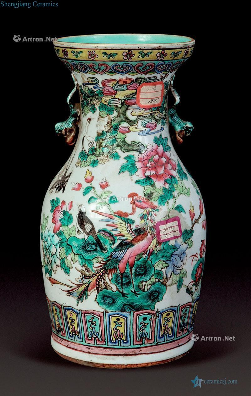 Black powder enamel vase with a double lion