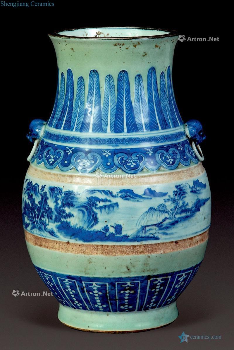 qing Pea green blue and white landscape double lion statue of ears