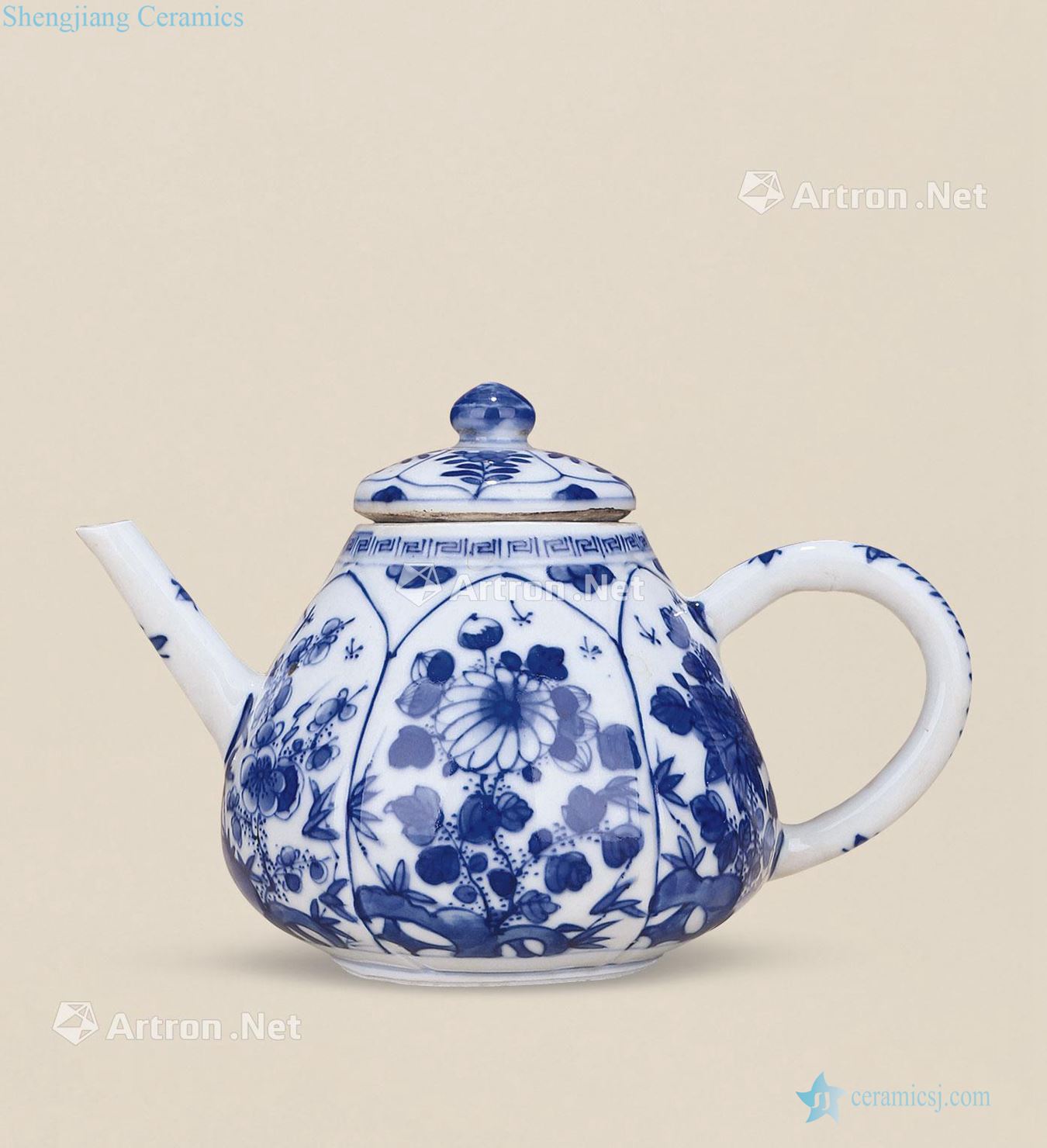 The qing emperor kangxi Blue and white flower grain teapot
