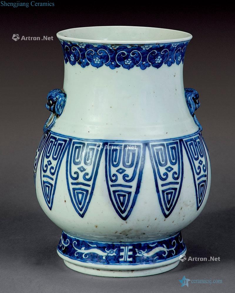 Qing dynasty blue-and-white in grain double lion statue of ears