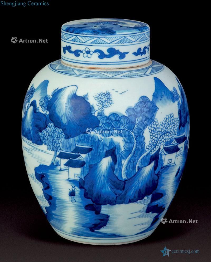 qing Blue and white landscape lines cover tank