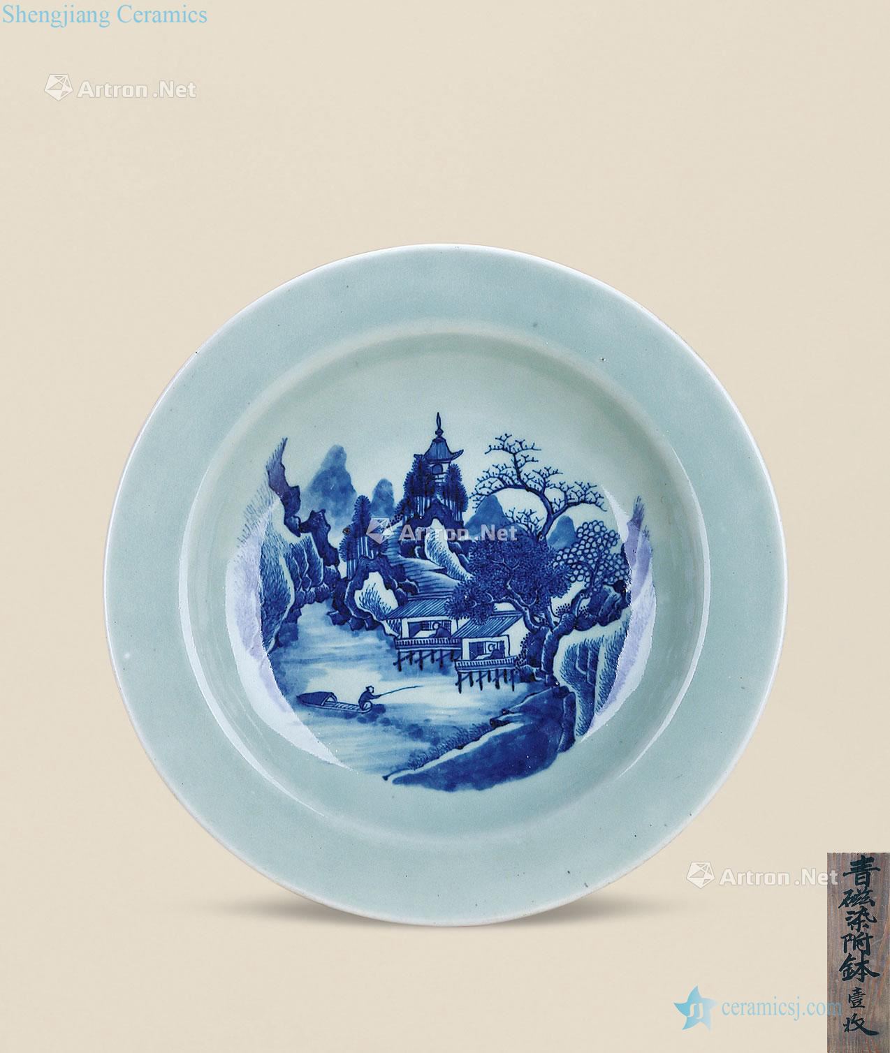 Qing qianlong pea green glaze blue and white landscape grain market