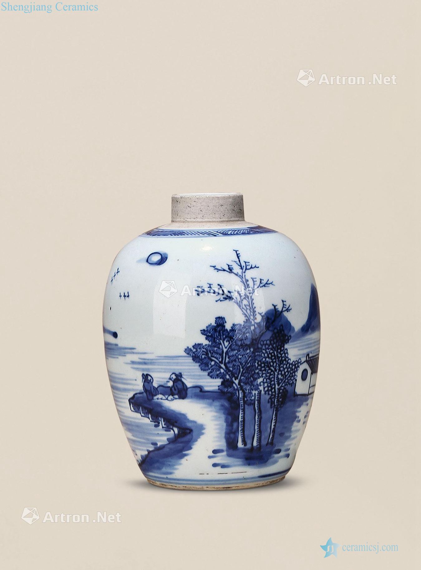 Qing qianlong Blue and white landscape character lines cans
