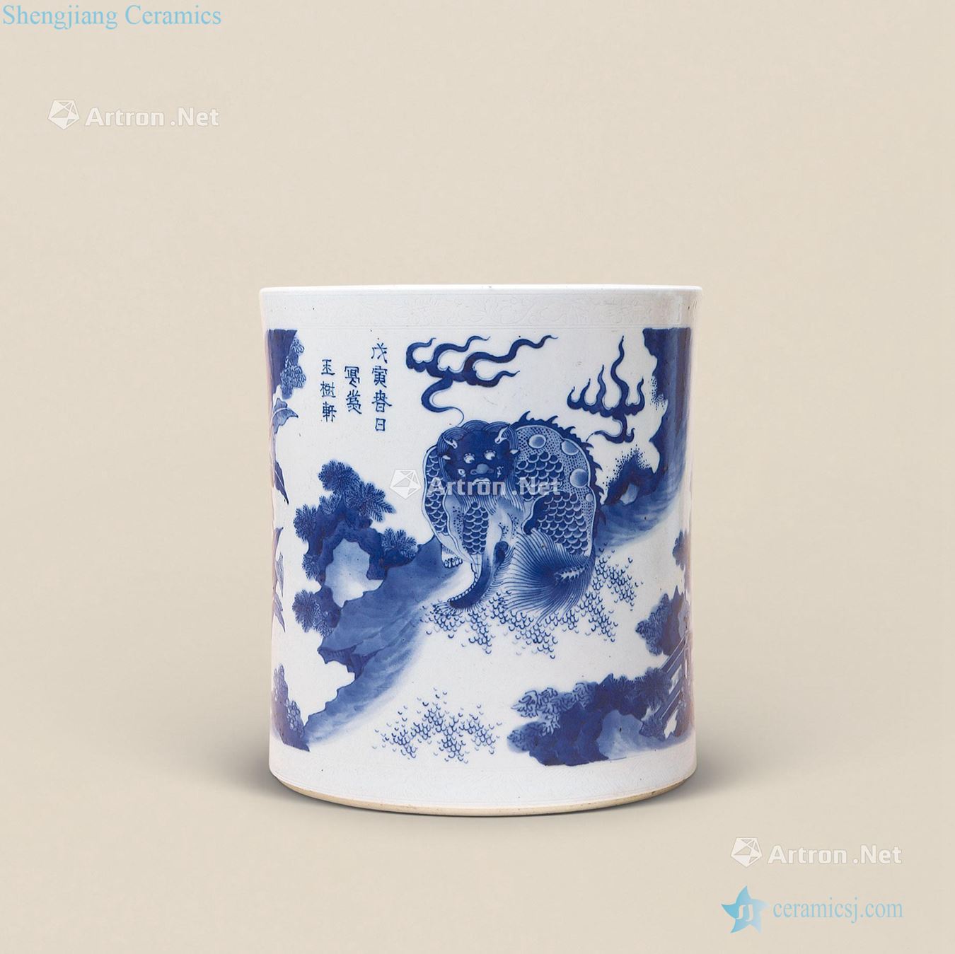 Ming chongzhen Blue and white kylin grain brush pot