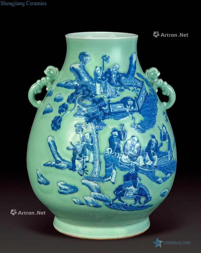 Qing pea green glaze blue characters