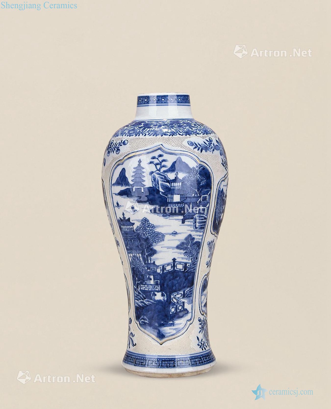 Qing qianlong pearl blue and white landscape grain mei bottle