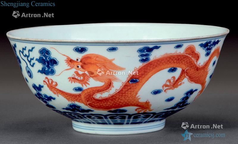 qing Blue and white alum red dragon small bowl