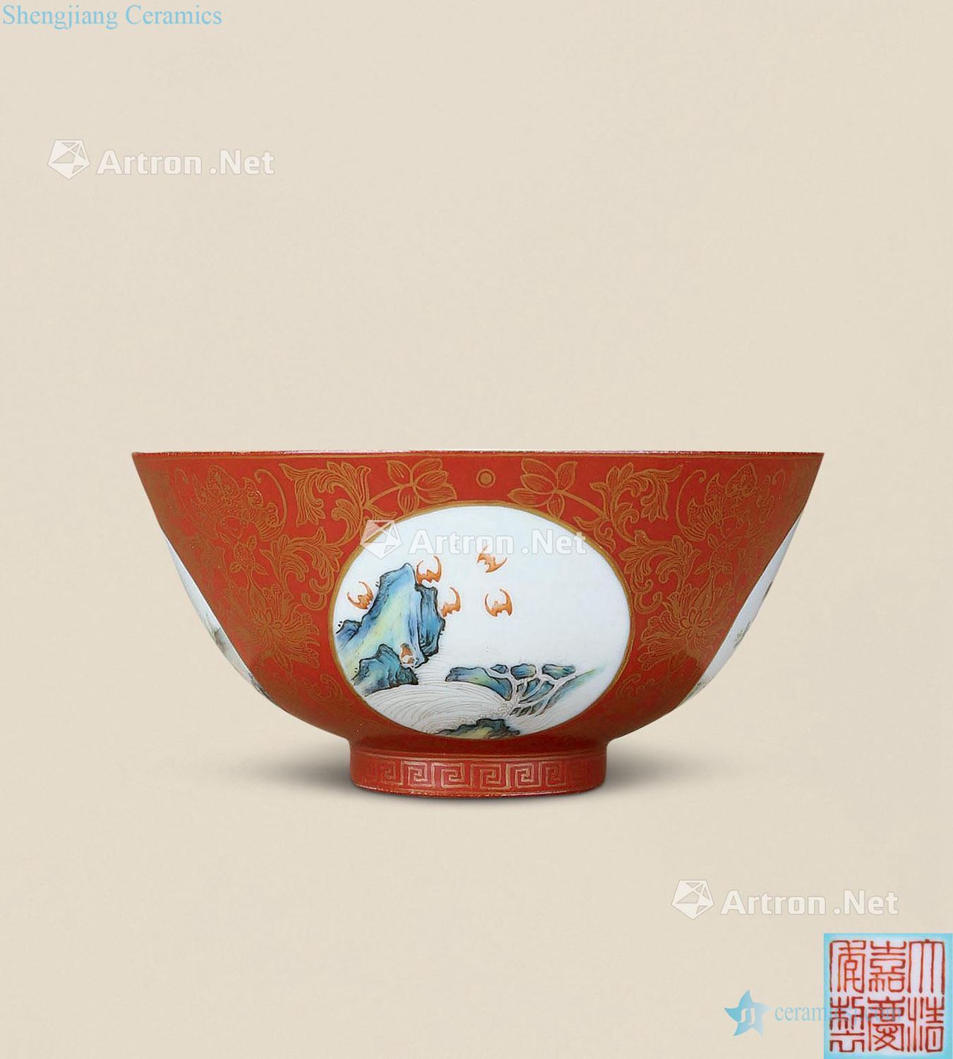 Black coral red medallion famille rose to live and work in peace and contentment green-splashed bowls