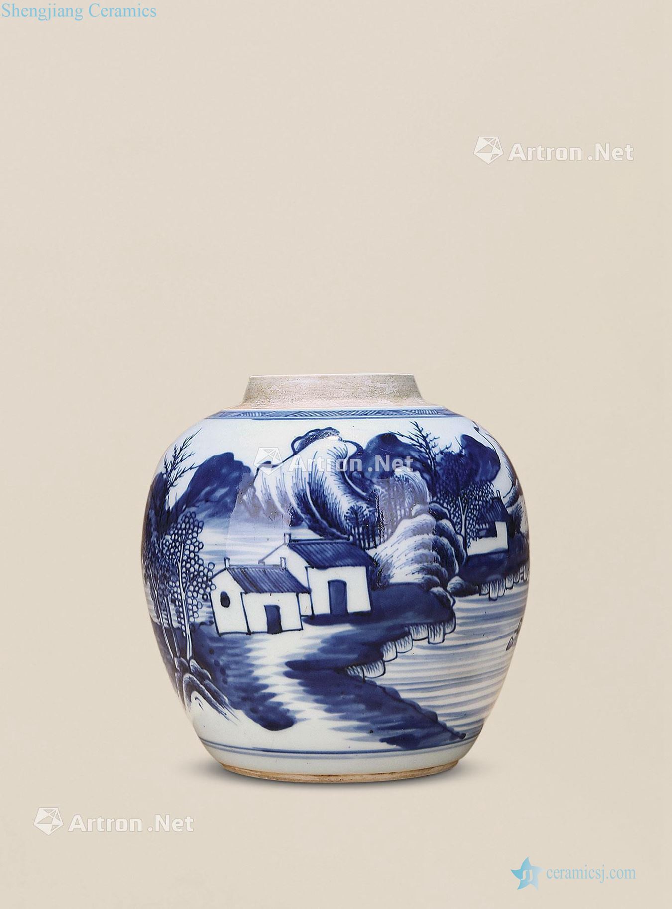 Qing qianlong Blue and white landscape figure cans