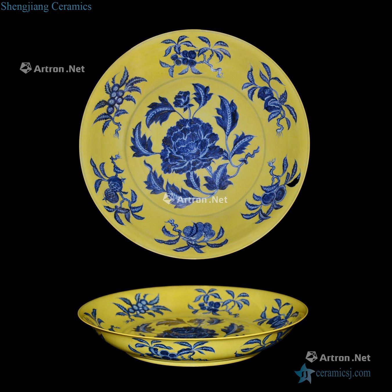 Ming Yellow blue and white peony flower fruit tray