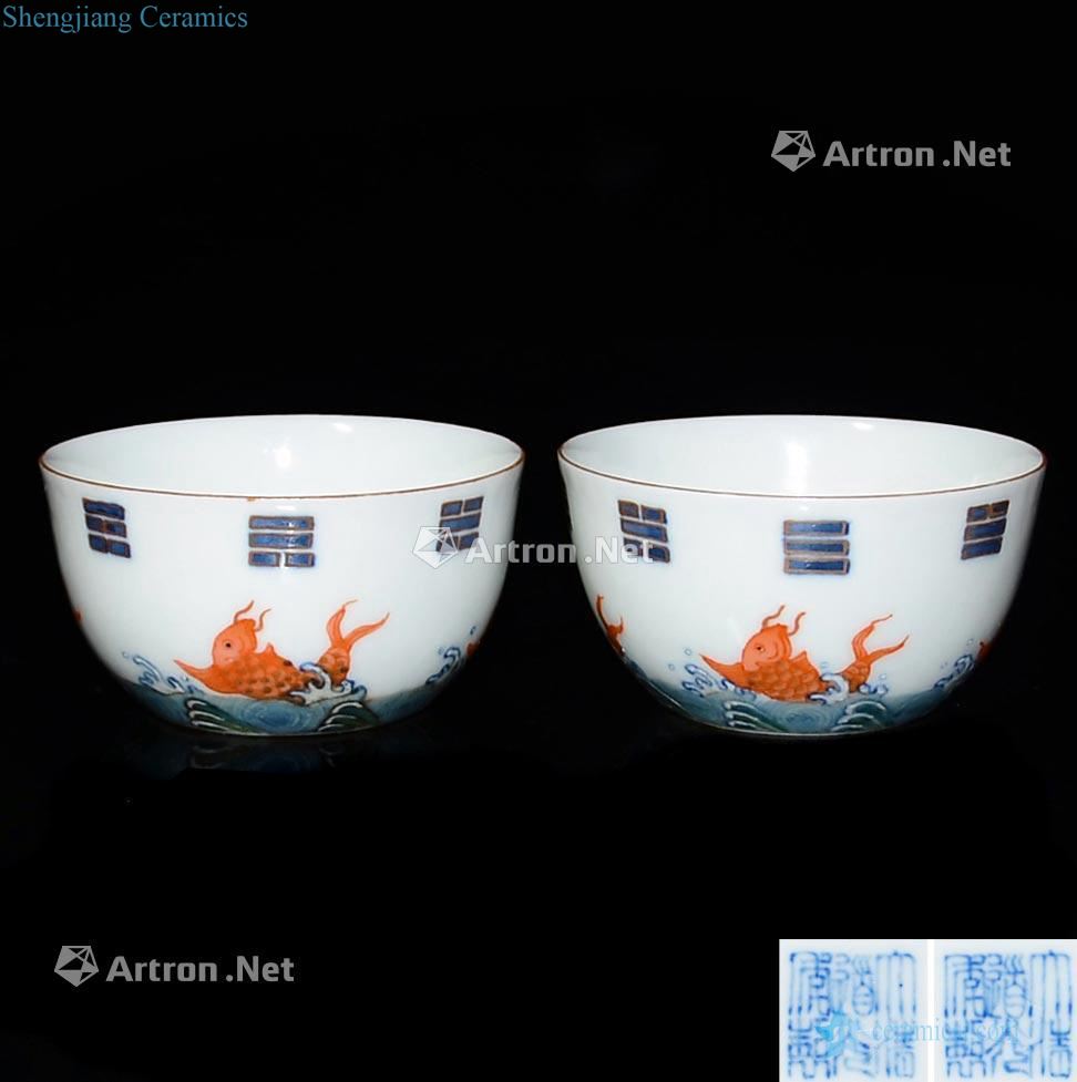 Qing dynasty blue and white enamel paint alum red glaze diving gossip cup (a)