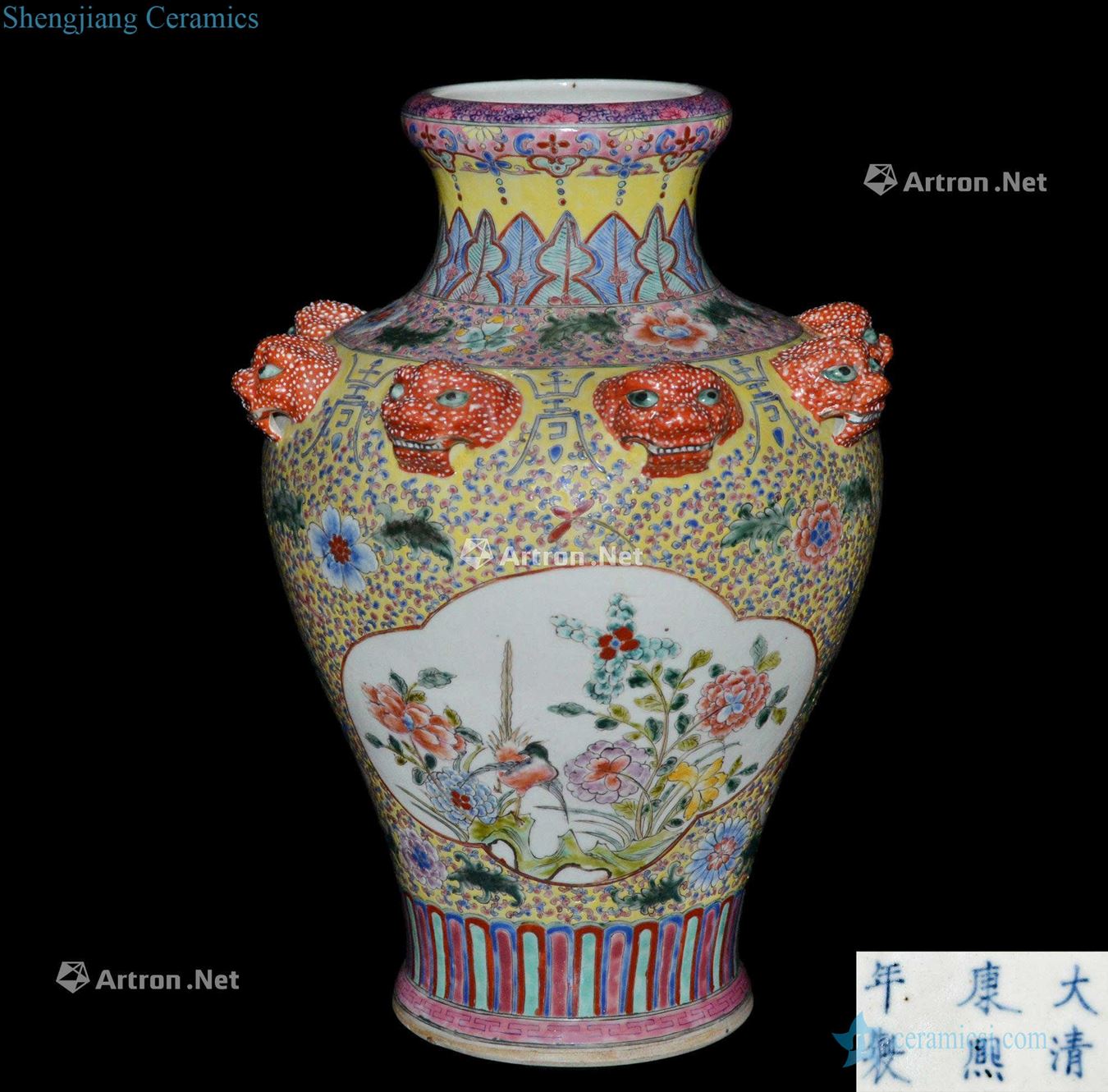 The qing emperor kangxi pastel yellow glaze kam to eight beast medallion flowers model carve song mei bottles