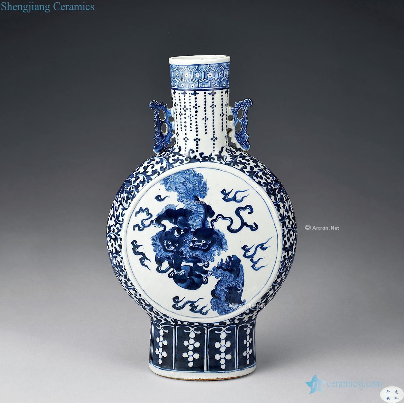 Qing porcelain medallion lion play ball bottle