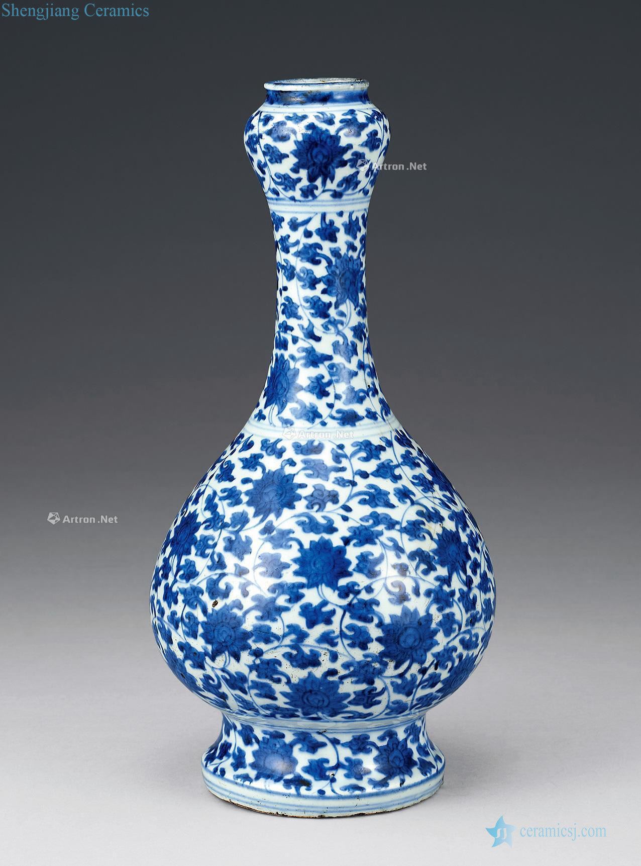 qing Blue and white flower grain garlic bottle wrapped branches