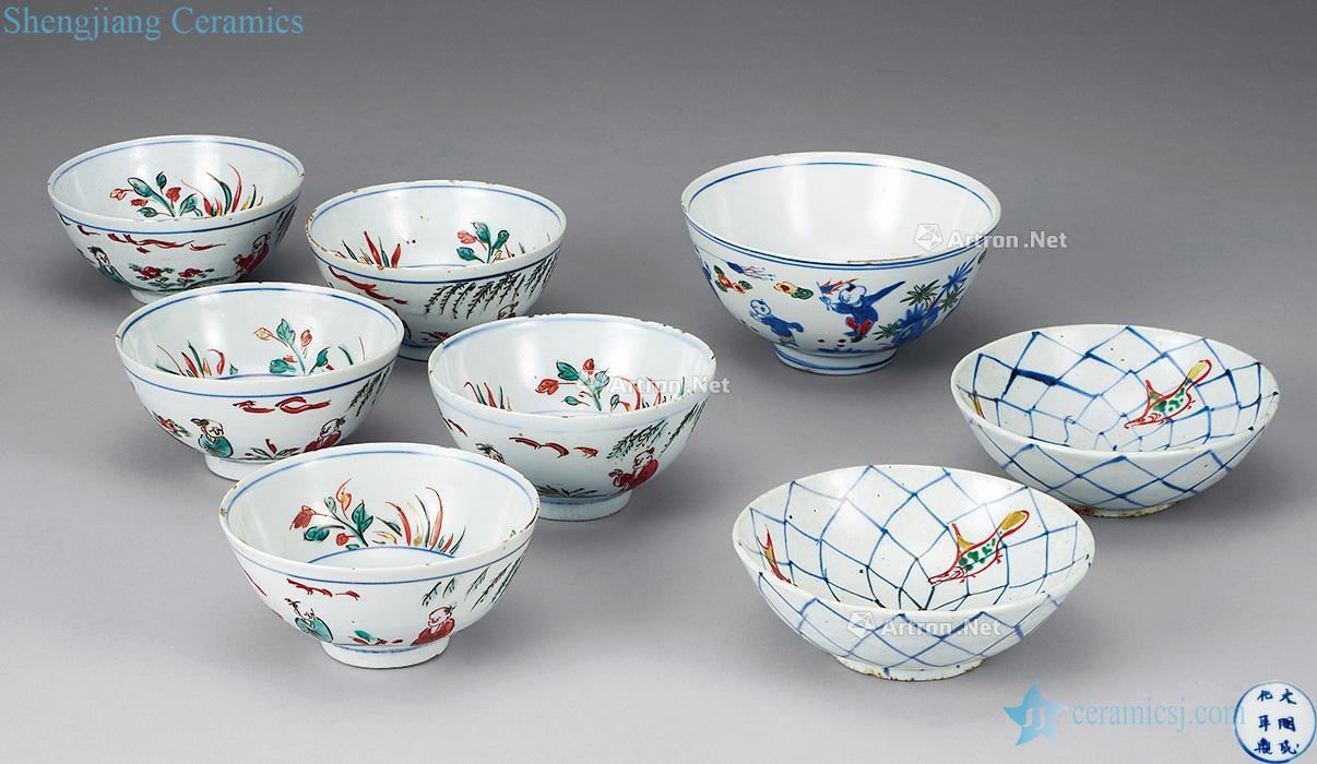 Qing dynasty blue and white color figure baby play bowls, etc. (8)