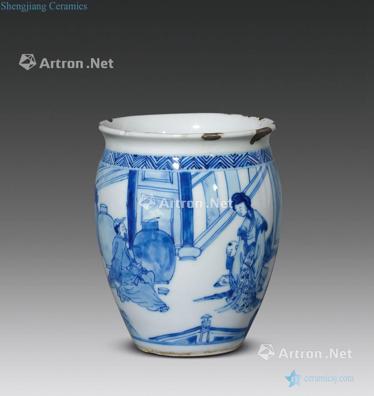 Blue and white yard of the reign of emperor kangxi character lines in small cylinder