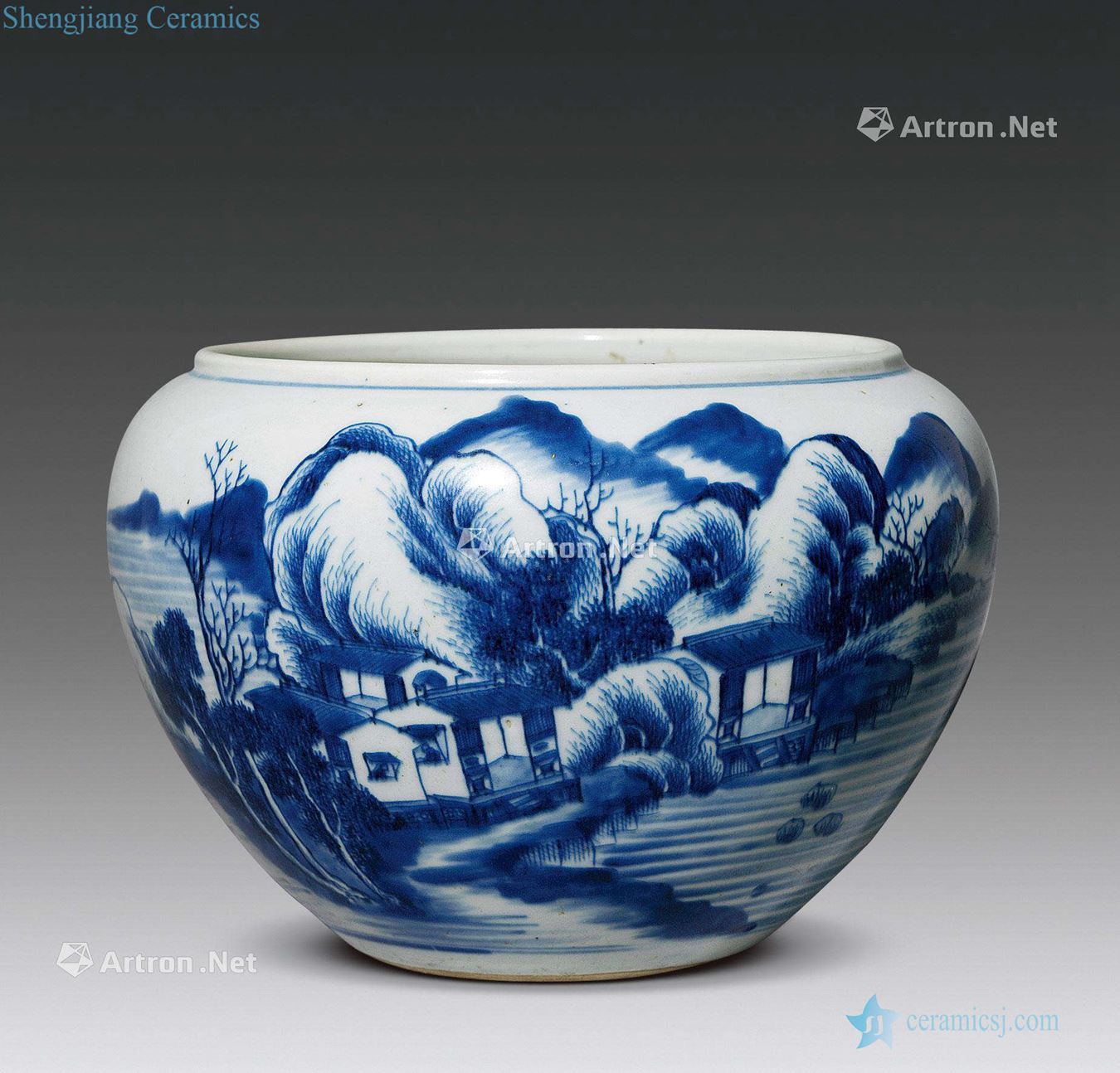 Qing yongzheng Blue and white landscape pattern in small volume cylinder