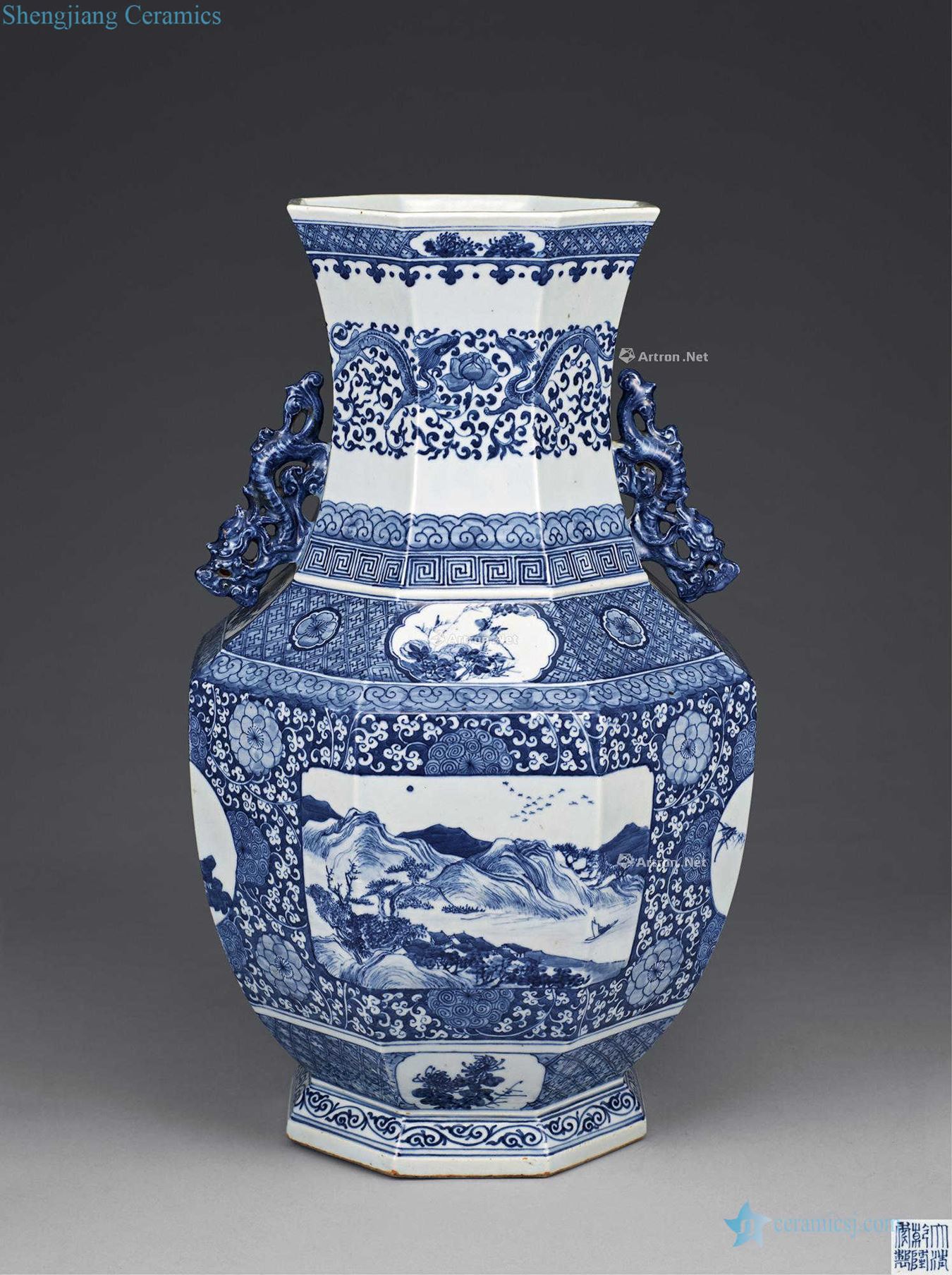 Mid qing Blue and white medallion landscape painting of flowers and ssangyong ear eight arrises bottle