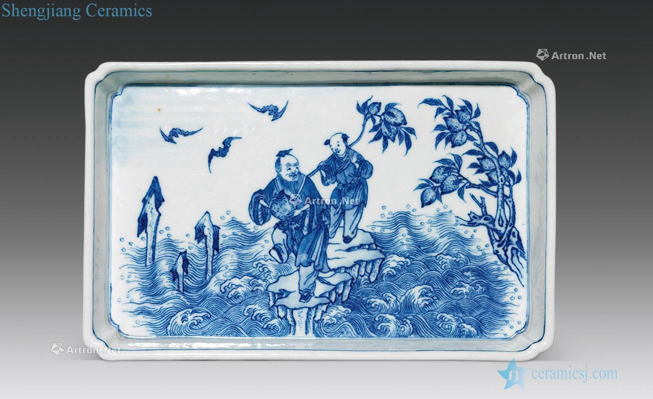 Qing qianlong Blue and white dongfang shuo steal peach lines rectangular plate