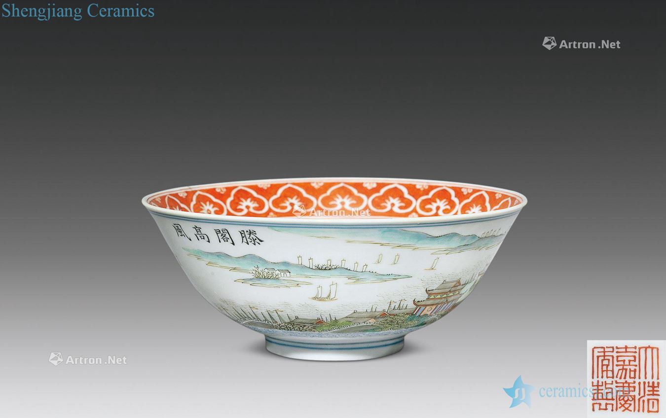 Qing jiaqing pastel "ten views of jiangxi · TengGe high wind" figure bowl
