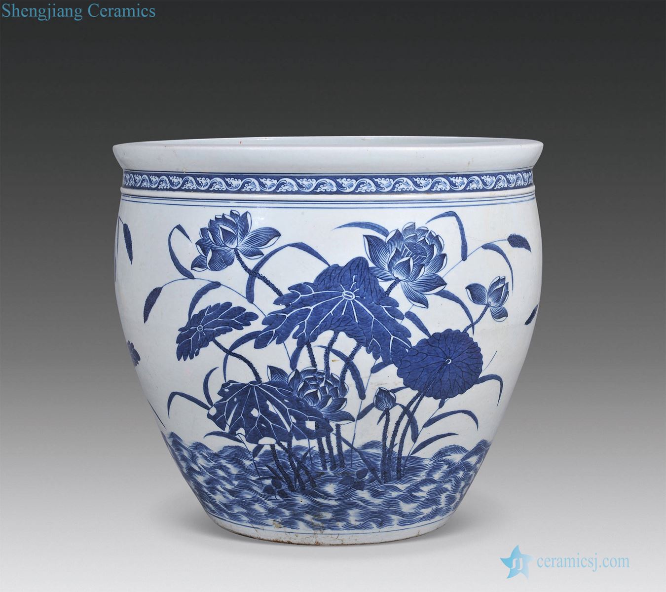 Mid qing Blue and white lotus pond figure cylinder