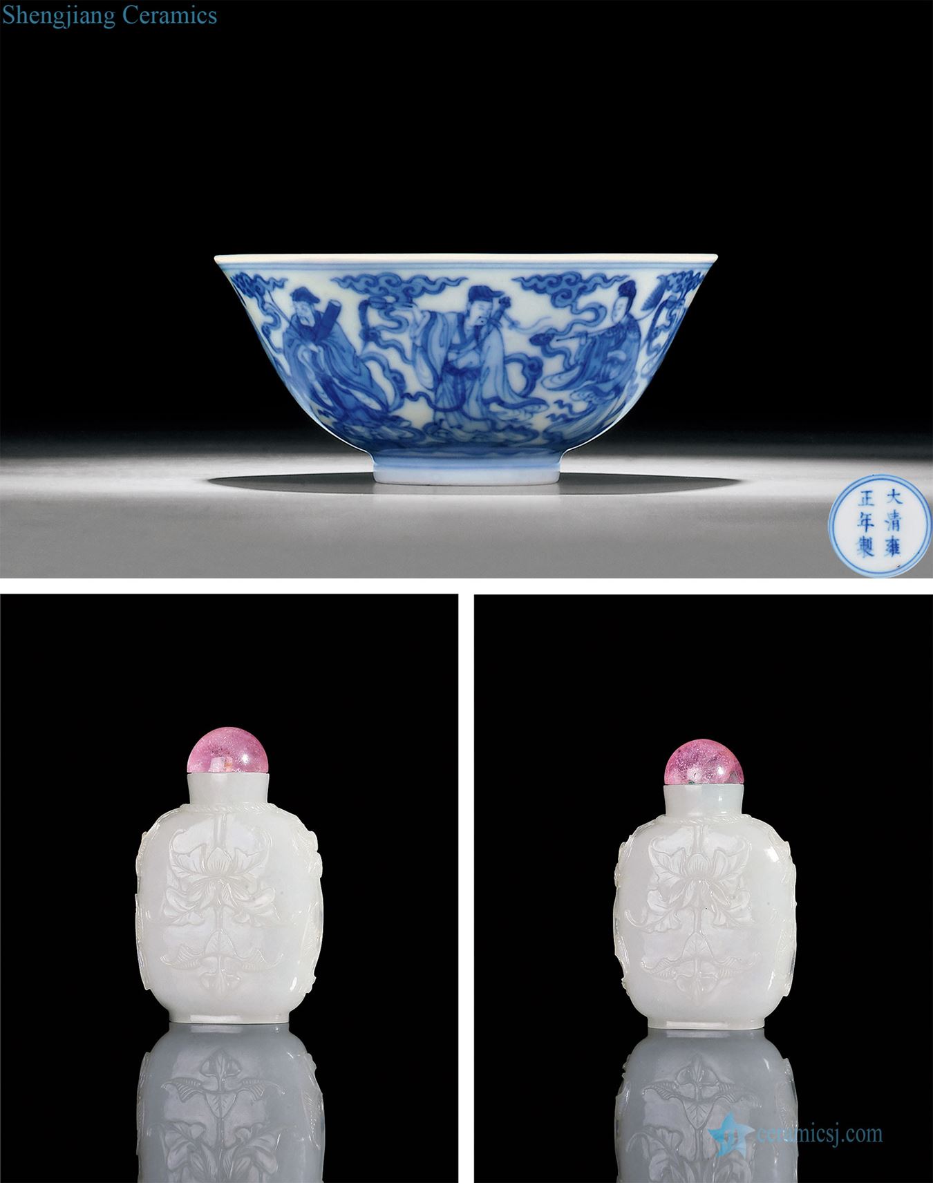 Qing yongzheng, qianlong period Blue and white figure small bowl, the eight immortals white jade lotus flower grain pipes of each one