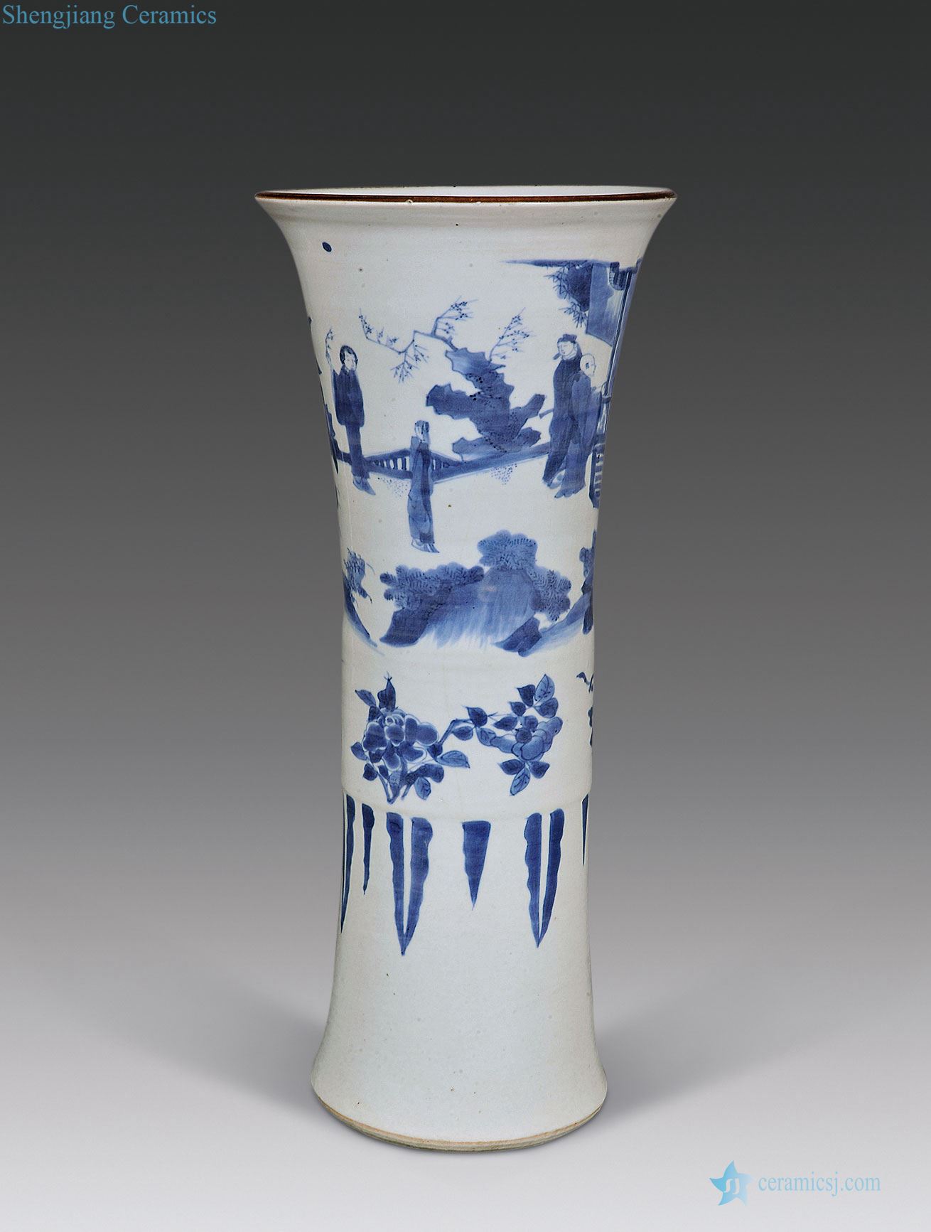 Qing shunzhi Blue and white figure flower vase with stories of west chamber