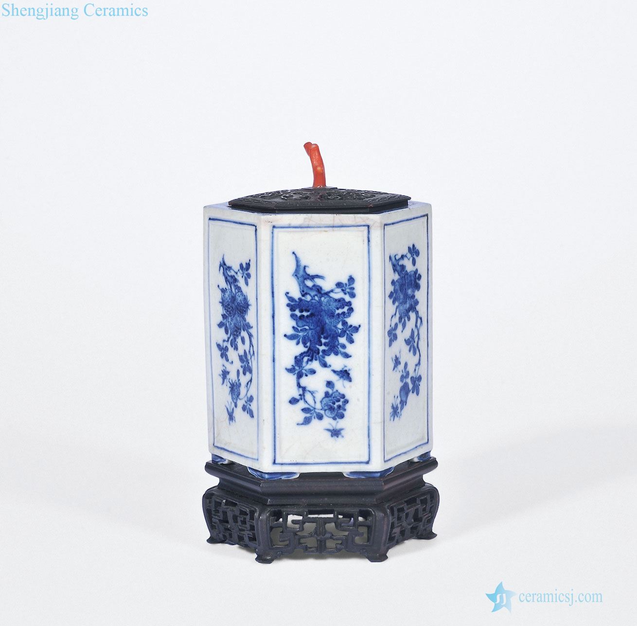 Mid qing pulp tire blue-and-white fold branch grain six-party brush pot flowers