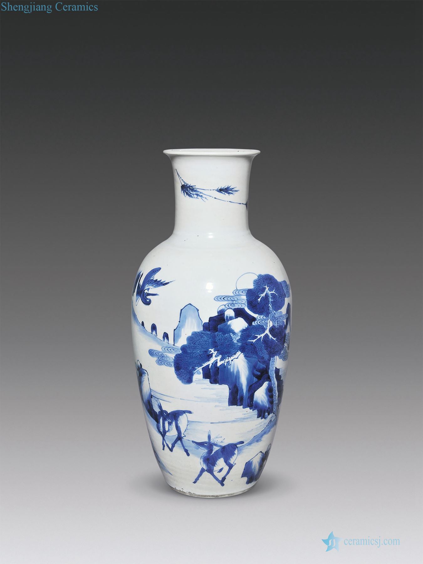 The qing emperor kangxi Blue and white crane deer with spring goddess of mercy bottle