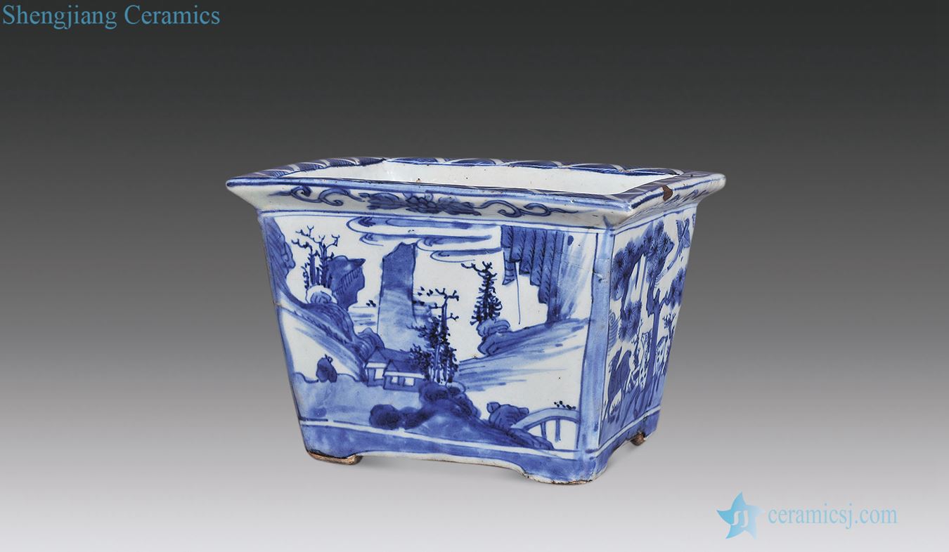 In the late Ming Blue and white landscape character lines rectangular flower pot