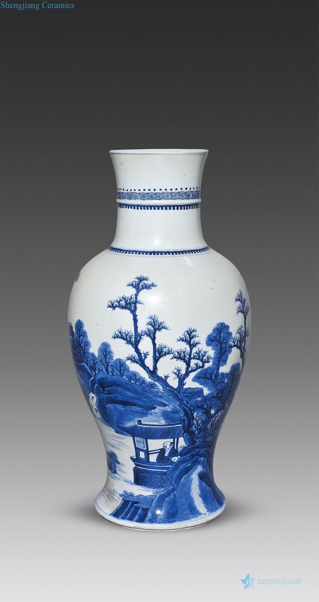 In late qing dynasty Blue and white landscape character lines goddess of mercy bottle