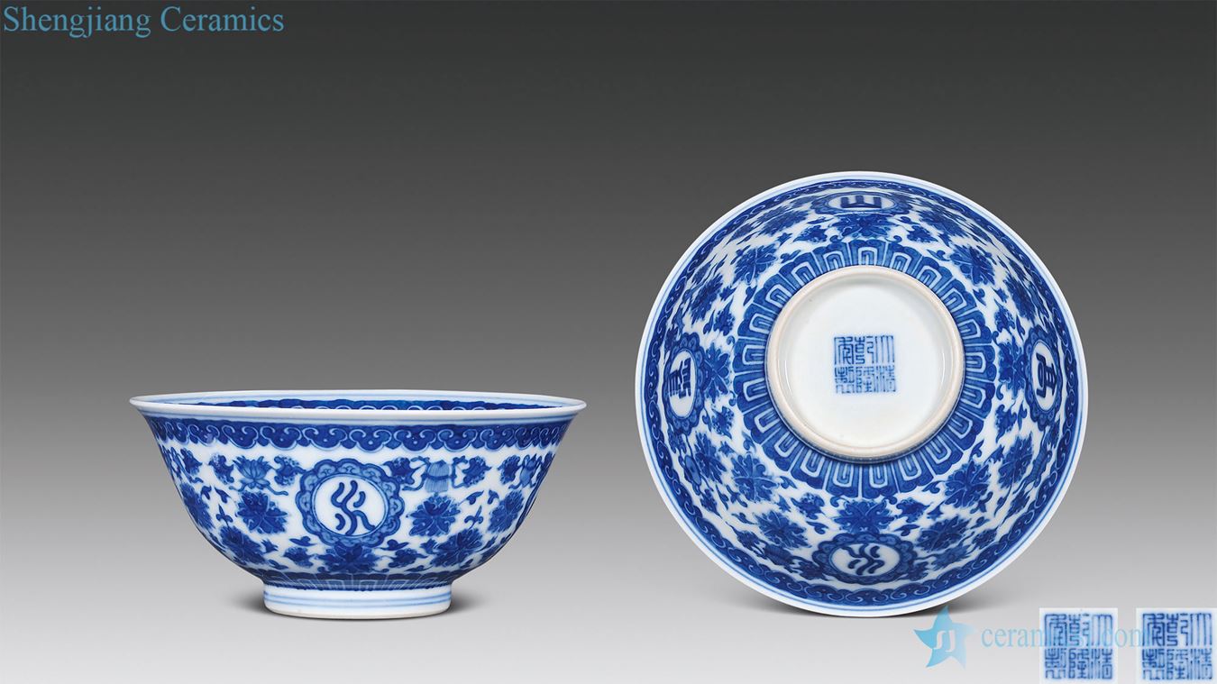 Qing qianlong Blue and white tie up branch lotus's sweet medallion long hill high water bowl (a)
