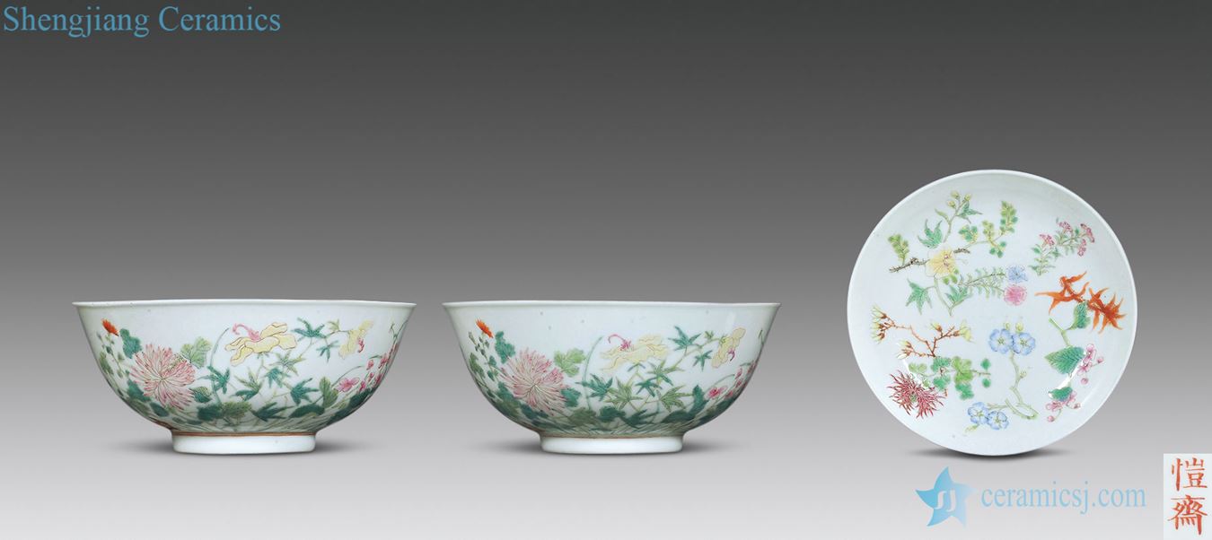 In late qing pastel flowers lines bowl, plate (3) only