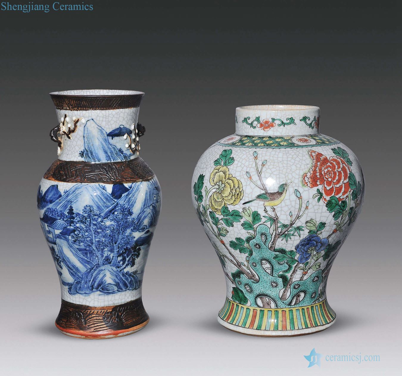 Mid qing Imitation of elder brother glaze blue and white landscape character, colorful flowers and birds lines the general pot of each one