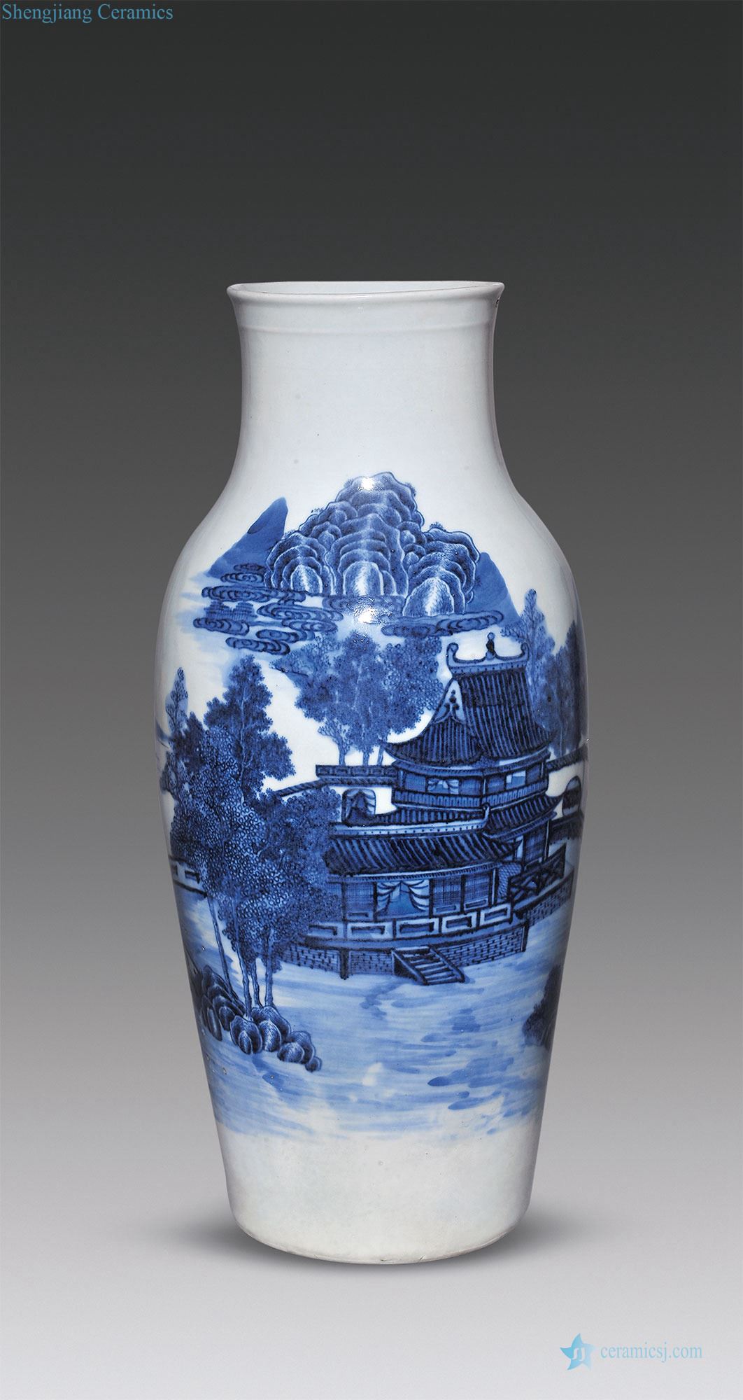 Qing qianlong A castle in the blue and white landscape figure large bottle