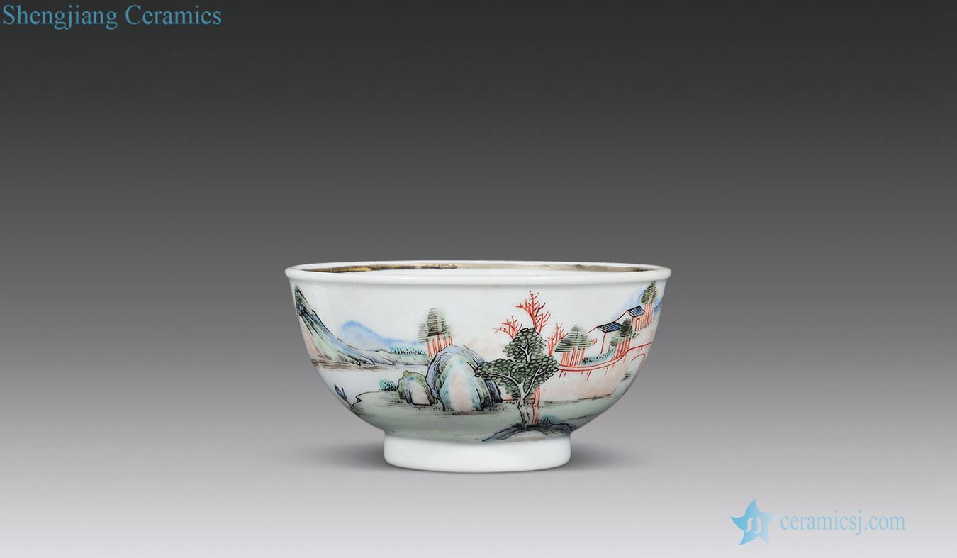 Qing yongzheng Colorful landscape character lines small bowl