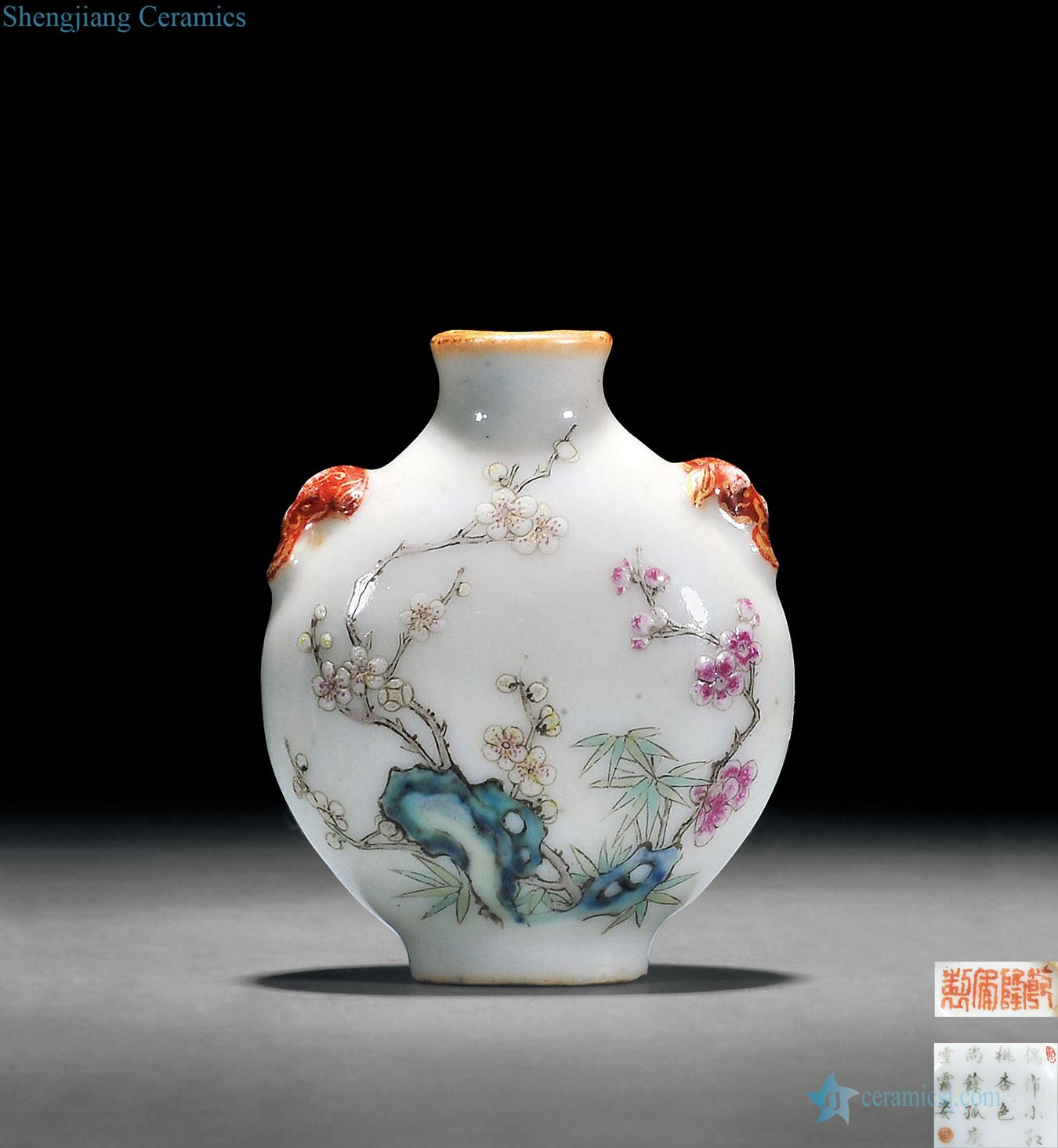 Qing qianlong B style pastel figure lion ear pipes of the plum and the bamboo double qing