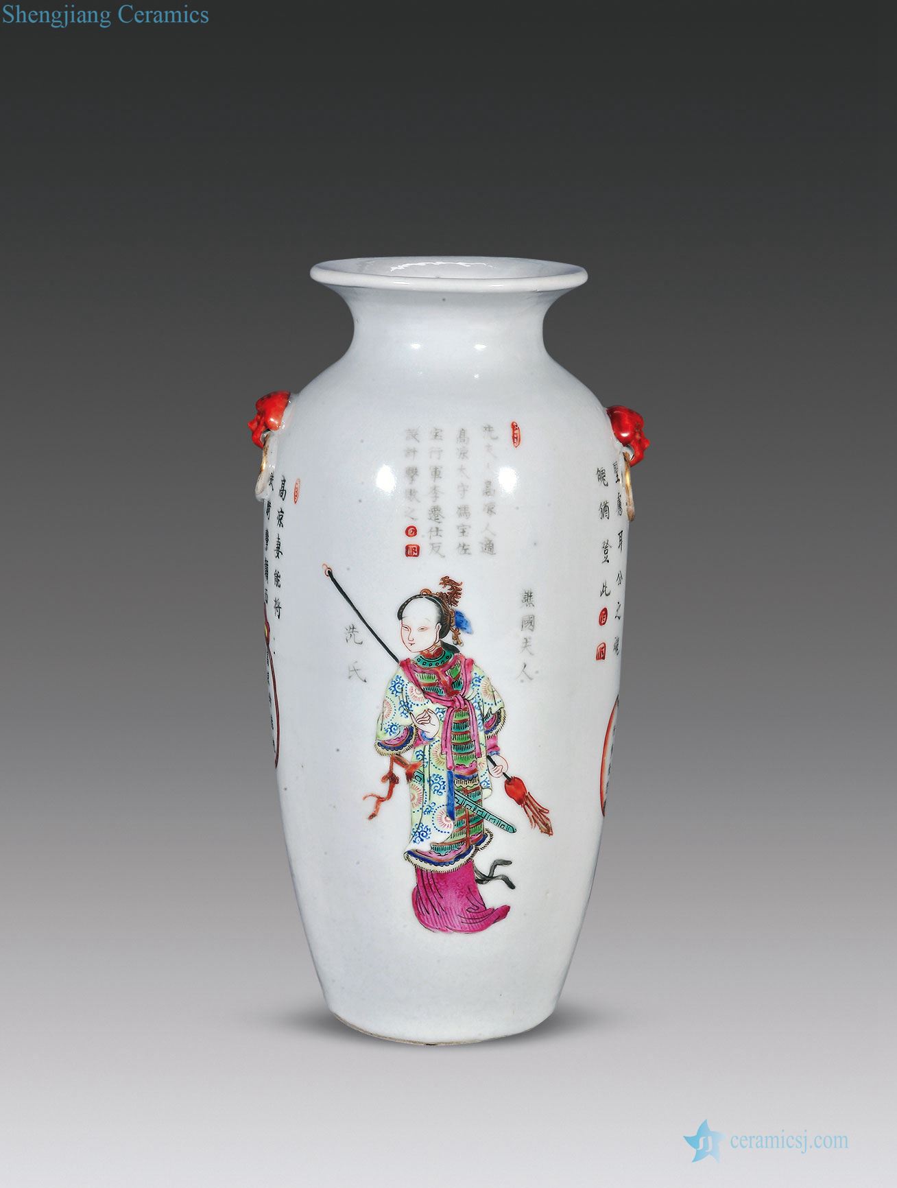 Mid qing powder enamel vase with a unique spectrum in the narrative poems lion