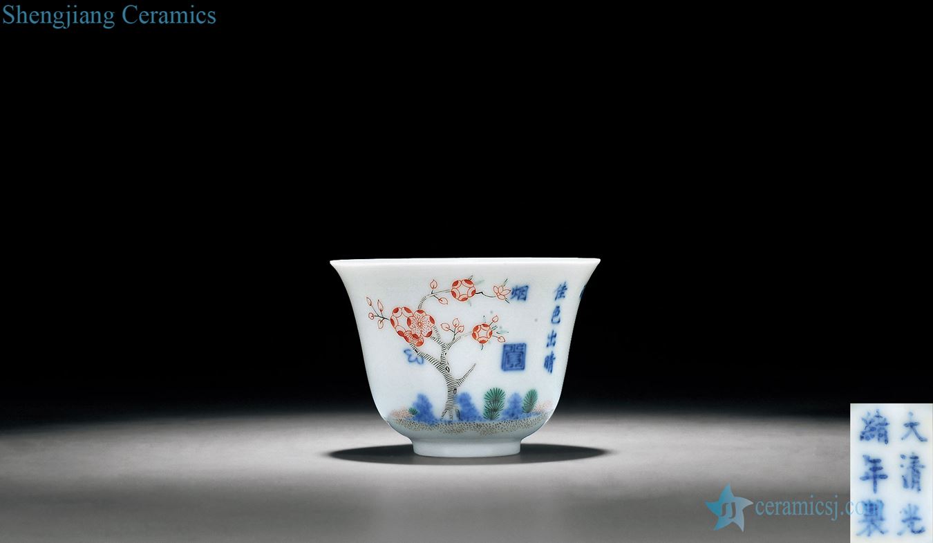 Qing guangxu Blue and white colorful flora cup