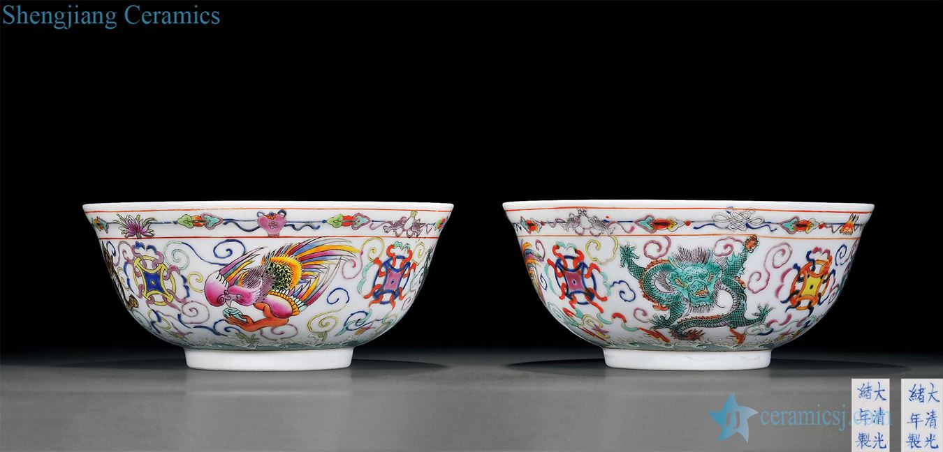 Qing guangxu Pastel longfeng green-splashed bowls (a)